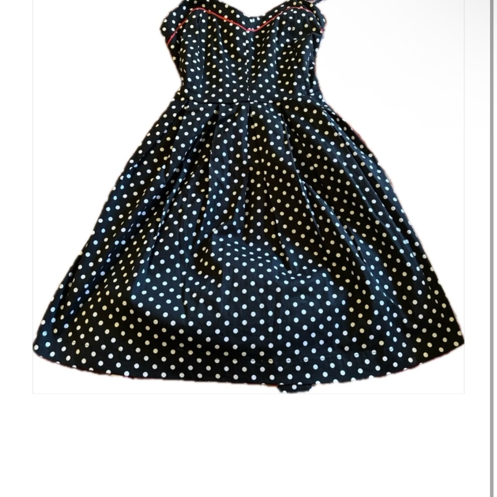 Cute Pinup Rockabilly Black and White Polka Dot A Line Dress with Red Trim - Picture 3 of 16